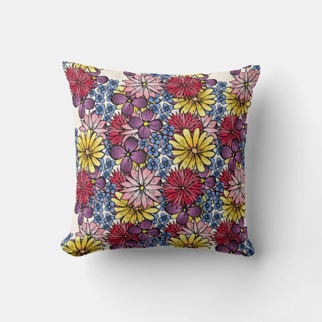 Pretty Pink Lilac Blue Red Wildflower Illustration Cushion (Front)