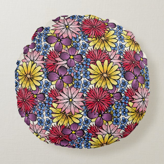 Pretty Pink Lilac Blue Red Wildflower Illustration Round Cushion (Front)