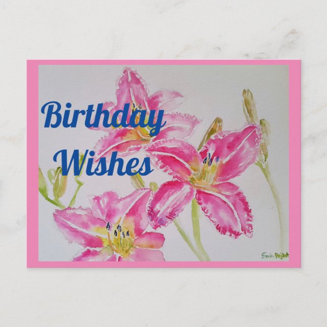 Pretty Pink Lily Watercolor Birthday Postcard (Front)