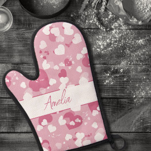 Pretty Pink Love Heart Personalised Oven Mitt & Pot Holder Set
