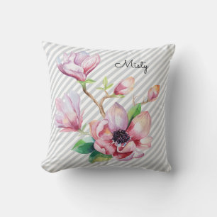 Pretty Pink Magnolia Floral Grey Stripes and Name Cushion
