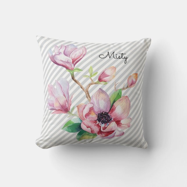 Pretty Pink Magnolia Floral Grey Stripes and Name Cushion (Front)