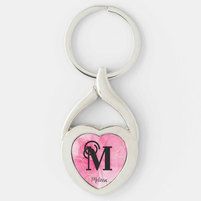 Pretty Pink Marbled Monogram Name  Key Ring (Front)