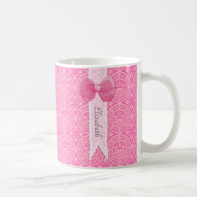 Pretty Pink Medallion Damask Cute Bow With Name Coffee Mug (Right)