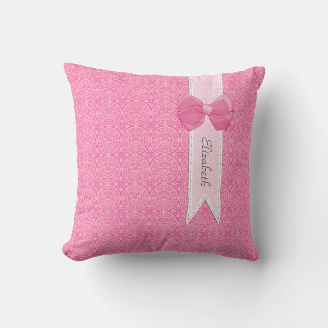 Pretty Pink Medallion Damask Cute Bow With Name Cushion (Front)