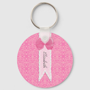 Pretty Pink Medallion Damask Cute Bow With Name Key Ring