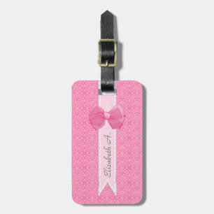 Pretty Pink Medallion Damask Cute Bow With Name Luggage Tag