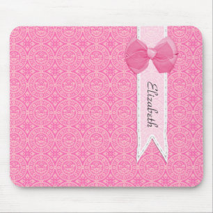 Pretty Pink Medallion Damask Cute Bow With Name Mouse Pad