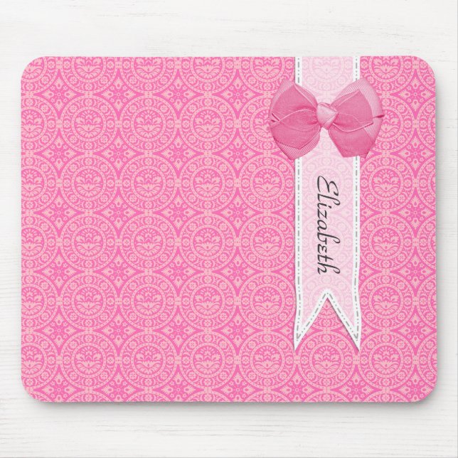 Pretty Pink Medallion Damask Cute Bow With Name Mouse Pad (Front)