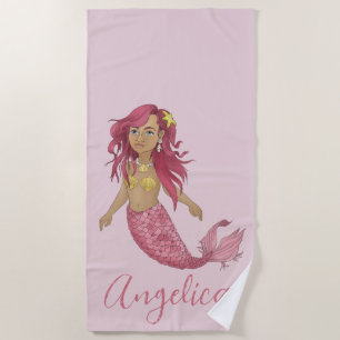 Pretty Pink Mermaid Girl's Room Custom Name Beach Towel