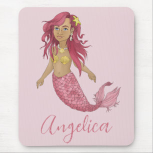 Pretty Pink Mermaid Happy Birthday Custom Name  Mouse Pad