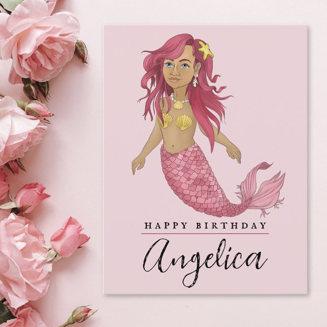 Pretty Pink Mermaid Happy Birthday Custom Name Postcard (Creator Uploaded)