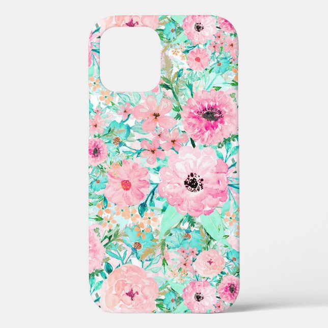 Pretty Pink & Mint Floral watercolor Hand Paint Case-Mate iPhone Case (Back)