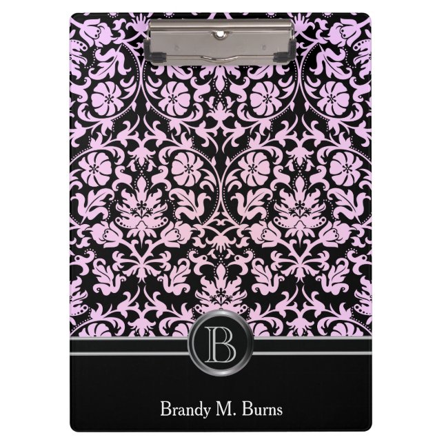 Pretty Pink Monogram Floral Damask Clipboard (Front)