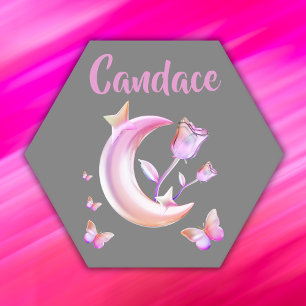 Pretty Pink- Moon, Butterfly, Floral - Monogram   Paper Coaster