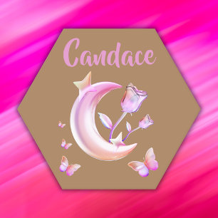 Pretty Pink- Moon, Butterfly, Floral - Monogram Paper Coaster