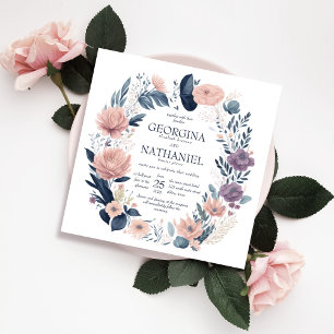 Pretty Pink Navy Purple Floral Foliage Wedding Invitation