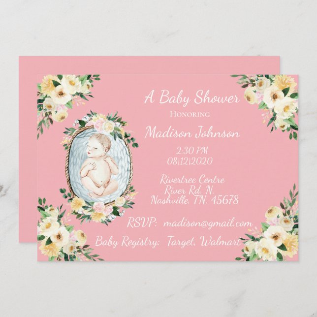 Pretty Pink Newborn Baby Girl Shower Invitation (Front/Back)