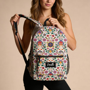 Pretty Pink Orange Floral Motifs Vintage Cottage Printed Backpack