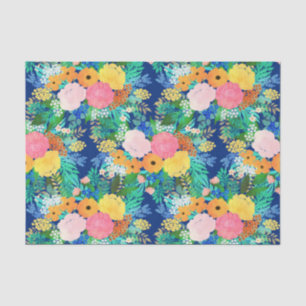 Pretty Pink & Orange Flowers Classic Blue Paint Tissue Paper