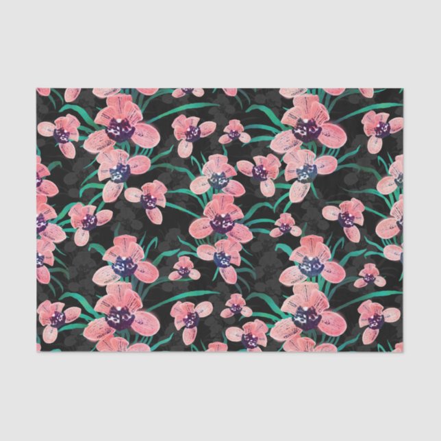 Pretty Pink Orchid Flower Paint Black design Tissue Paper (Front)