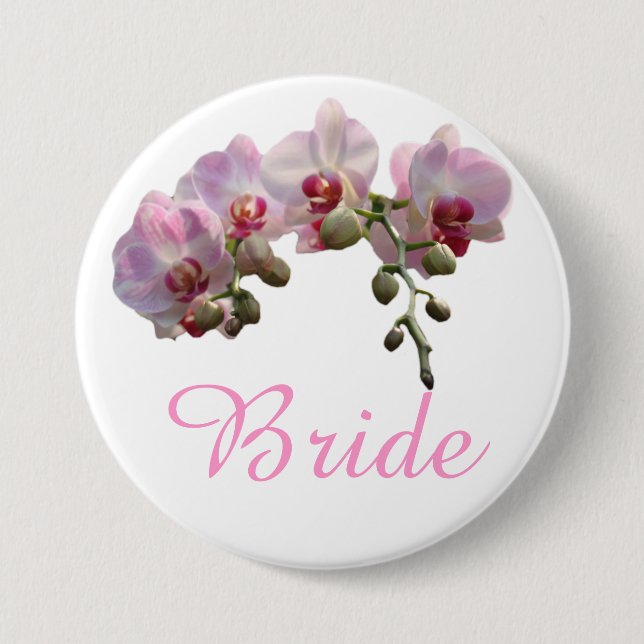 pretty pink orchid flowers bride wedding button (Front)