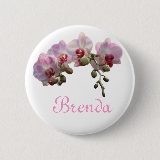 pretty pink orchid flowers personal name button (Front)