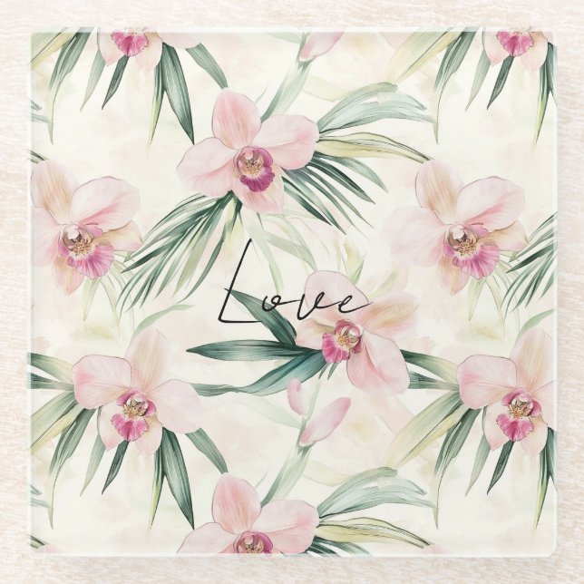 Pretty Pink Orchids Glass Coaster (Front)