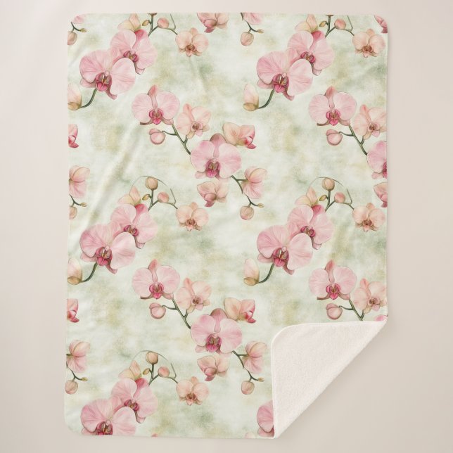 Pretty Pink Orchids Sherpa Blanket (Front)