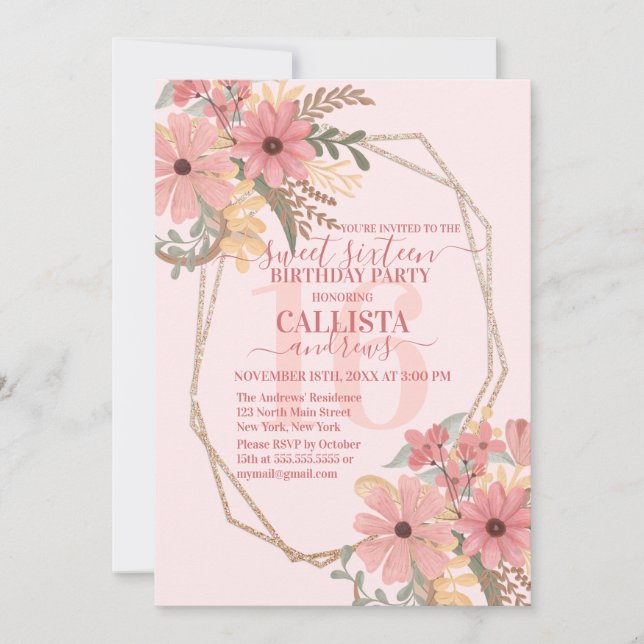 Pretty Pink Painted Flowers Glitter Frame Sweet 16 Invitation (Front)