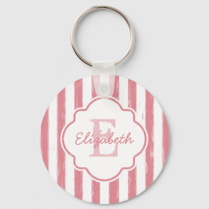 Pretty Pink Painted Stripes Monogram and Name Key Ring