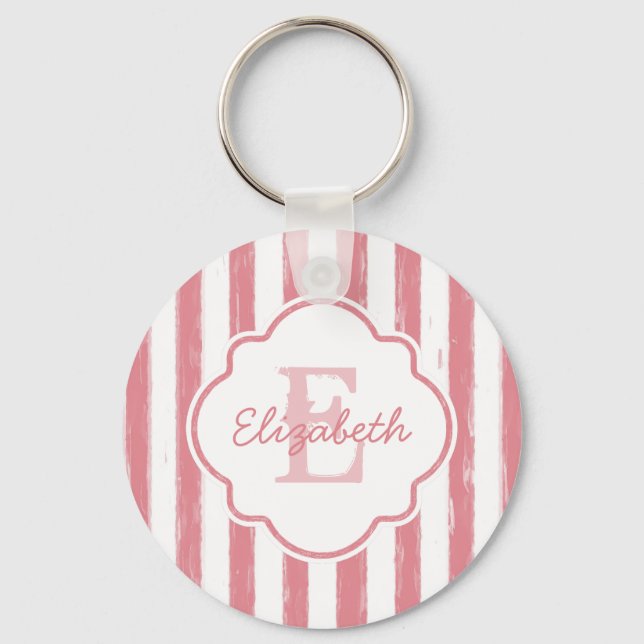 Pretty Pink Painted Stripes Monogram and Name Key Ring (Front)