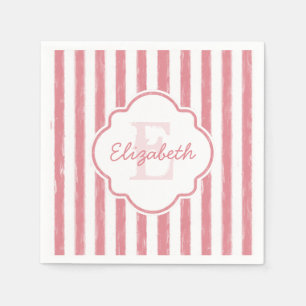 Pretty Pink Painted Stripes Monogram and Name Napkin
