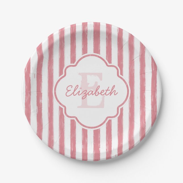 Pretty Pink Painted Stripes Monogram and Name Paper Plate (Front)