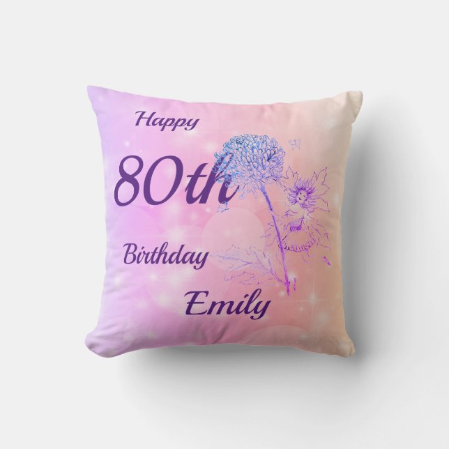 Pretty pink pastel Fairy sparkle 80th birthday Cushion (Front)