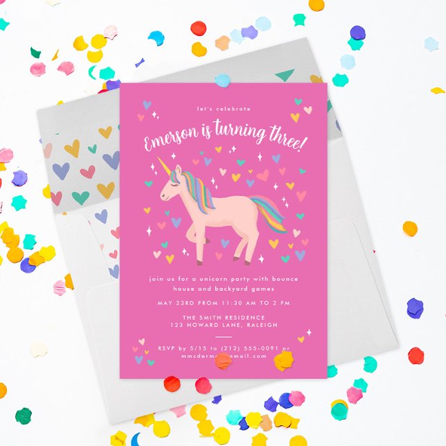 Pretty Pink Pastel Rainbow Unicorn Birthday Party Invitation (blush pink unicorn with hearts and stars invites friends to a magical party on this hot pink invite)