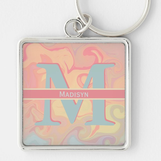 Pretty Pink Pastel Swirl Monogram Initial Name Key Ring (Front)