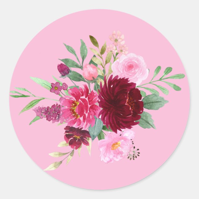Pretty Pink  Pastel Watercolor Floral Classic Round Sticker (Front)