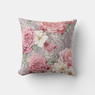 Pretty Pink Pastel Watercolor Floral & Lace Cushion