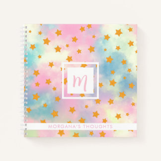 Pretty Pink Pastel with Gold Stars Monogram Square Notebook