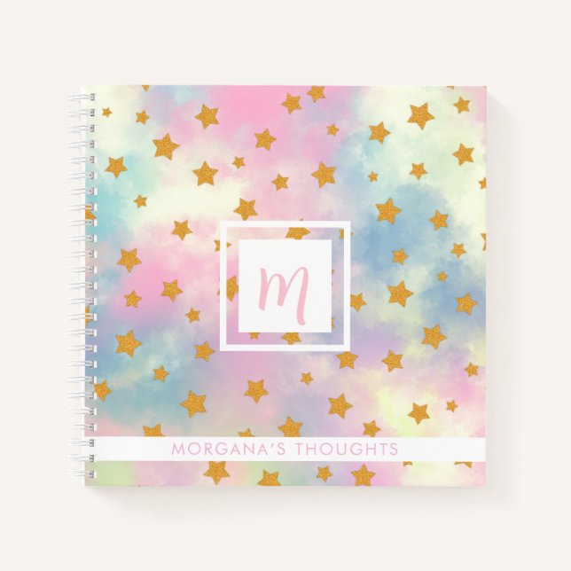 Pretty Pink Pastel with Gold Stars Monogram Square Notebook (Front)
