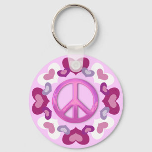Pretty Pink Peace Sign and Hearts Key Ring