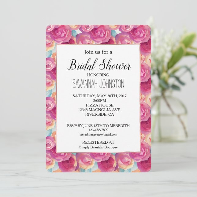 Pretty Pink Peach Flowers Bridal Shower Invitation (Standing Front)