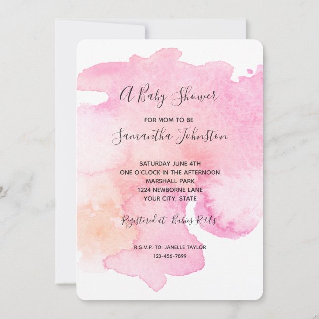 Pretty Pink Peach Watercolor Baby Shower Invitation (Back)