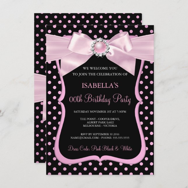 Pretty Pink Pearl Bow Black Polka Dot Birthday Invitation (Front/Back)