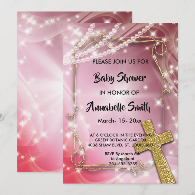 Pretty Pink Pearl Cross Baby Shower Invitation (Front/Back)