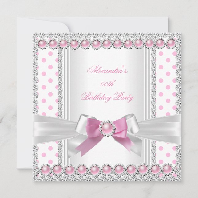 Pretty Pink Pearl White Polka Dots Birthday Party Invitation (Front)