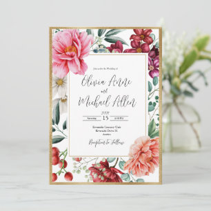 Pretty Pink Peonies Floral Gold Wedding Invitation