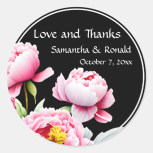 Pretty Pink Peonies on Black Wedding Classic Round Sticker