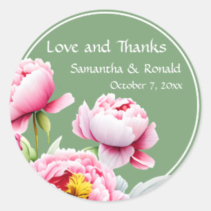 Pretty Pink Peonies on Green Wedding Classic Round Sticker